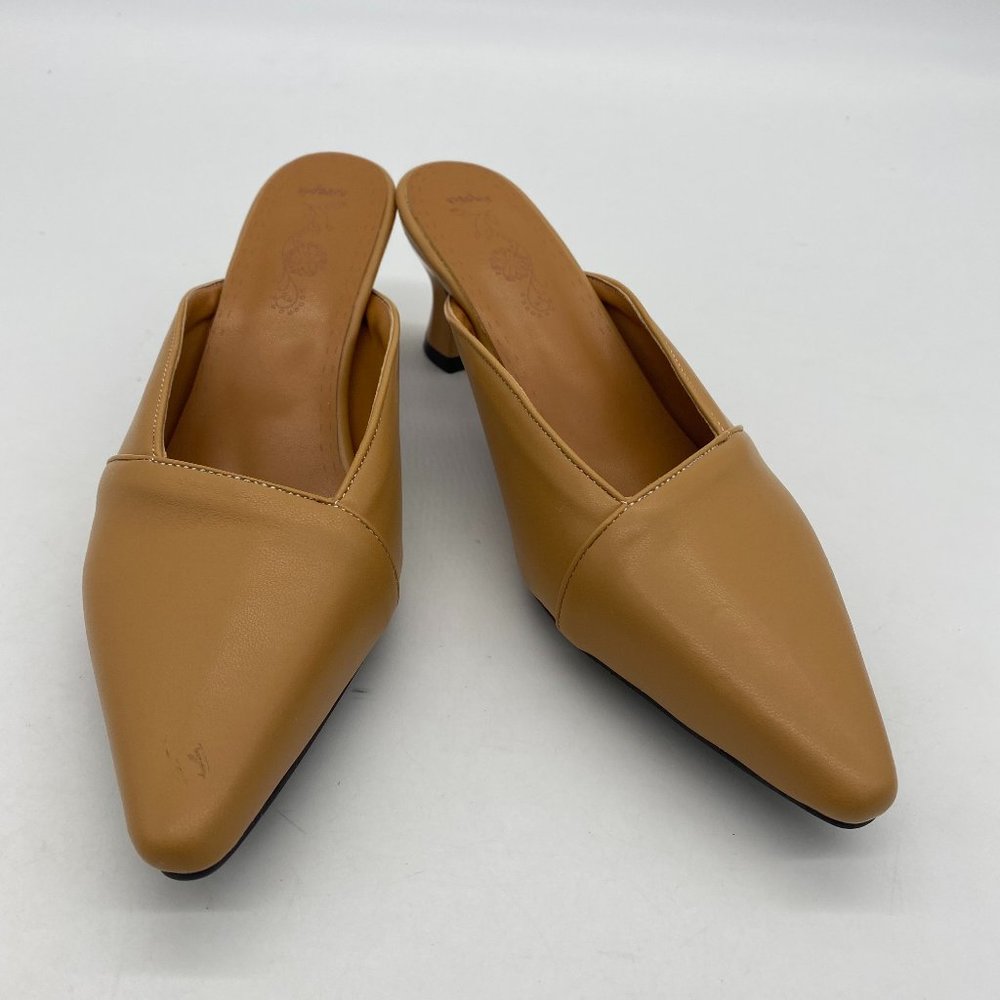 Light Brown Women Retro Pointed Toe Kitten Heel Mules Casual Slide Pumps Shoes